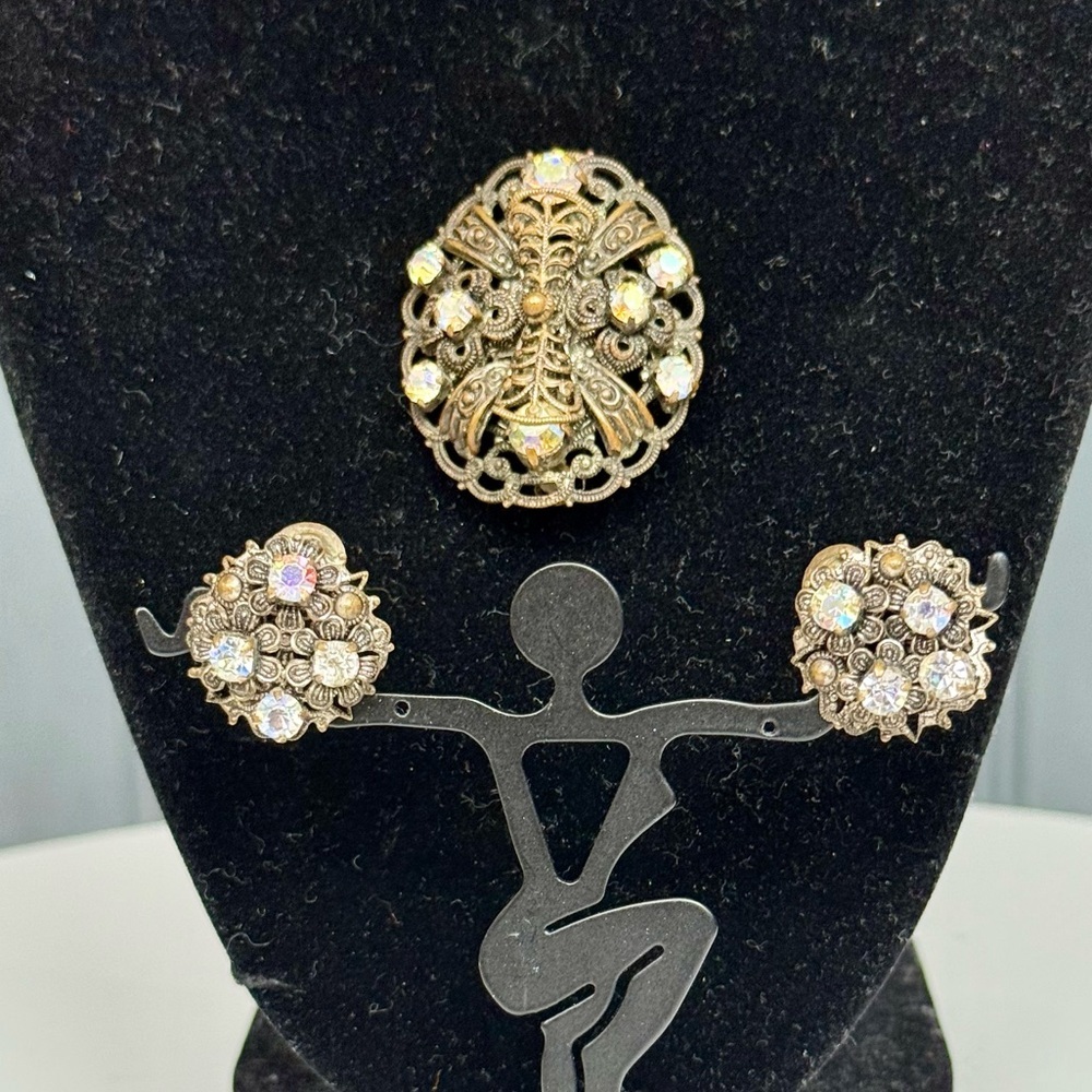 Antique AB Rhinestone Filigree Brooch + Clip On Earrings Set Germany 1920s